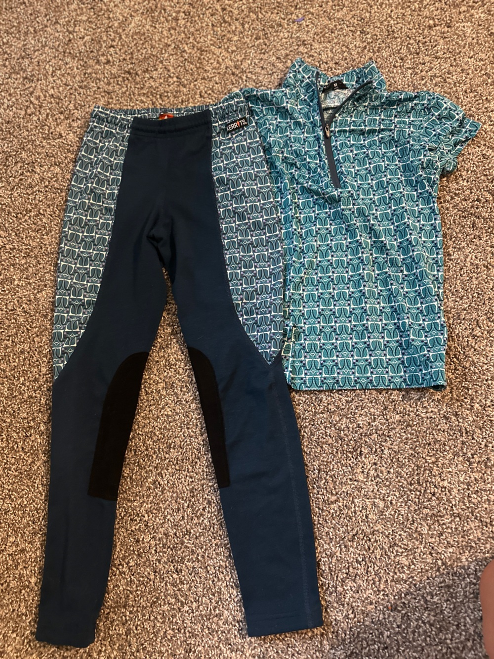 Kerrits Girls Teal & Navy Riding Set - Printed Short Sleeve Top & Tights